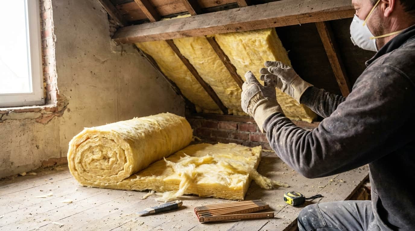 Homme qui place la laine de verre dans les combles