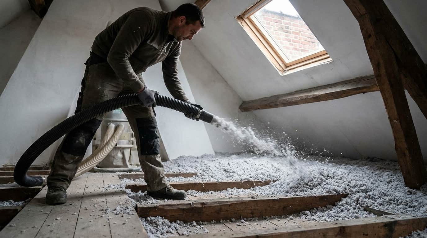 Homme projetant dans les combles de l'ouate de cellulose