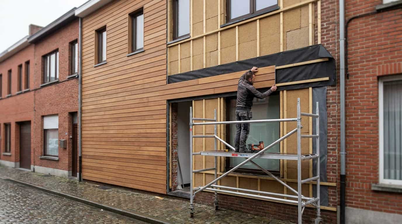 Entreprise qui en train de mettre du bardage sur une façade 