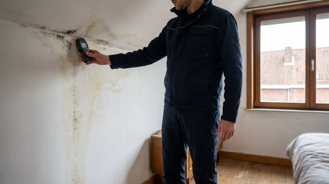 Homme qui détecte l'humidité d'un mur mal isolé.