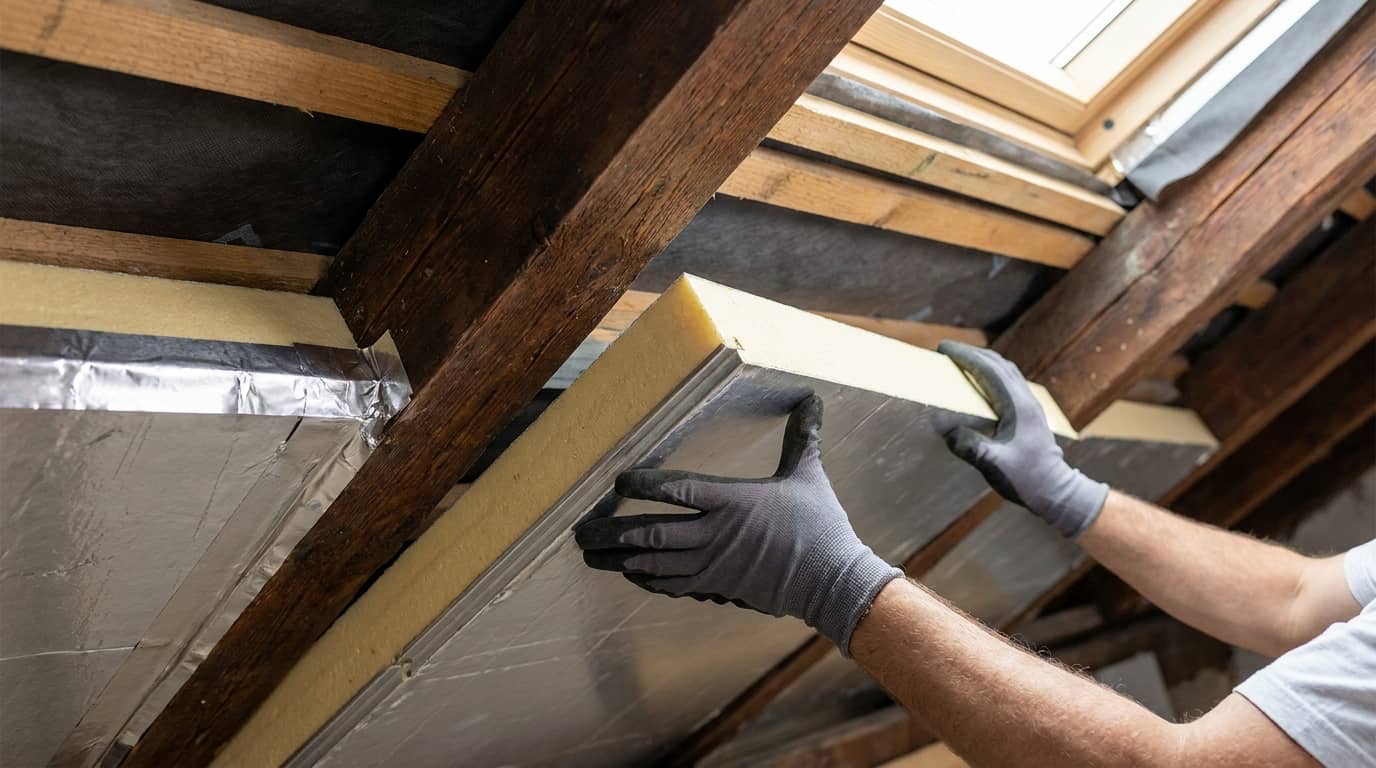 Homme avec des gants en train de placer de l'isolant PIR sur le mur.