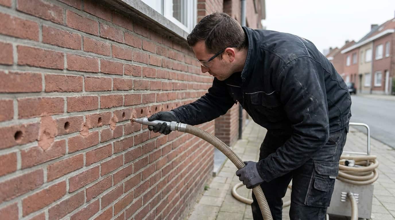 Homme habillé en bleu remplissant les murs creux d'une façade en brique.