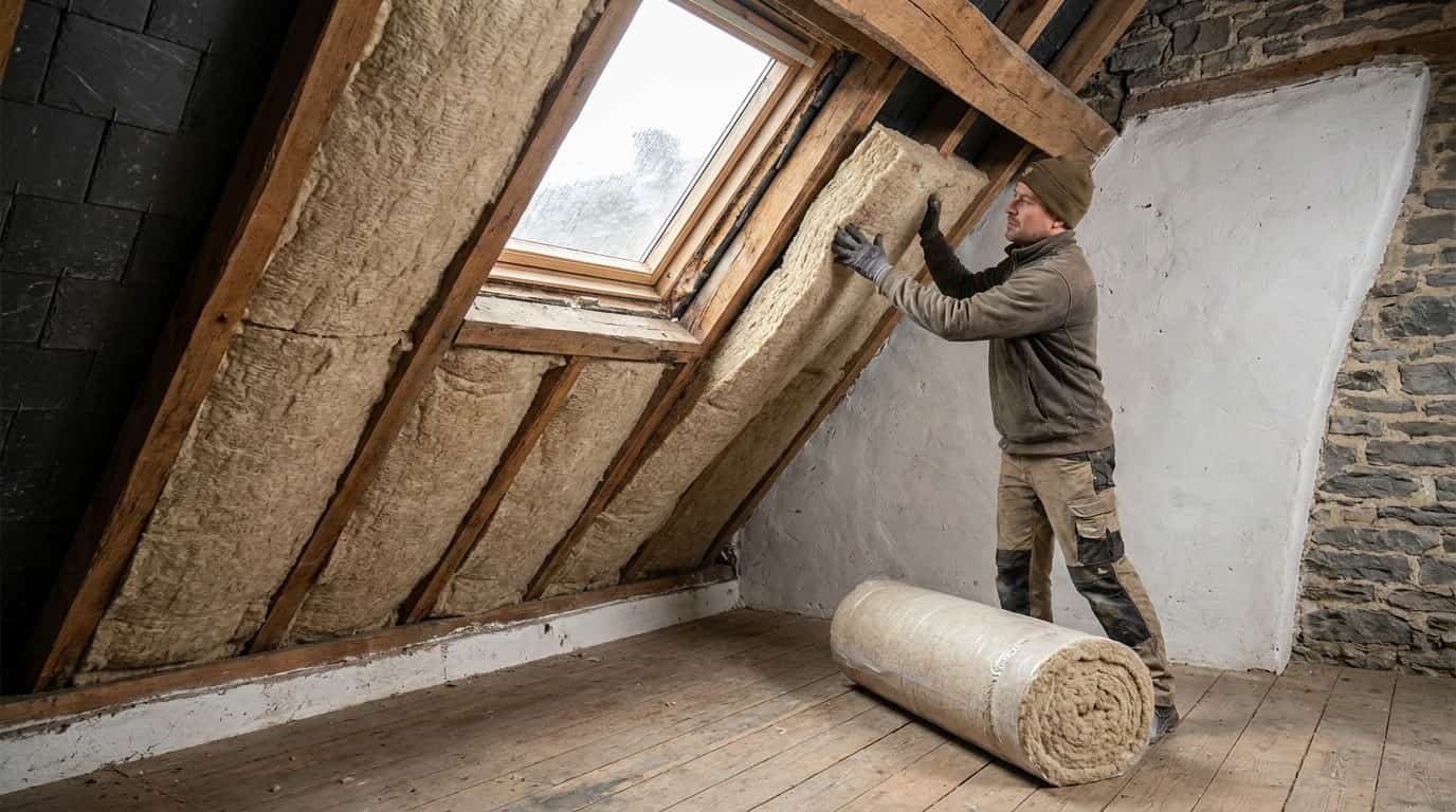 Homme avec un bonnet qui isole les combles de sa maison. 