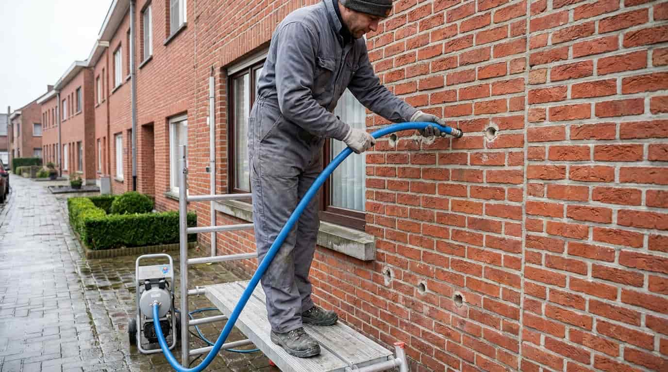 Homme avec un bonnet en train d'isoler par injection un mur mitoyen. 
