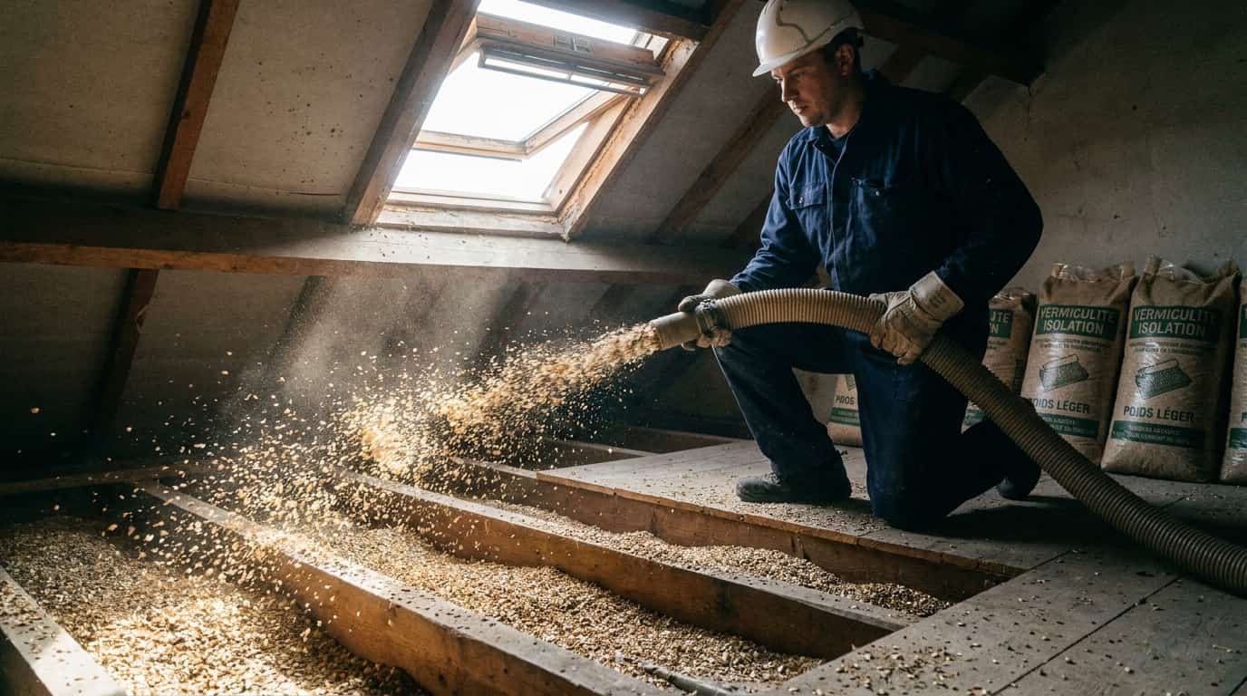 Un professionnel en combinaison qui isole des combles par soufflage de vermiculite 
