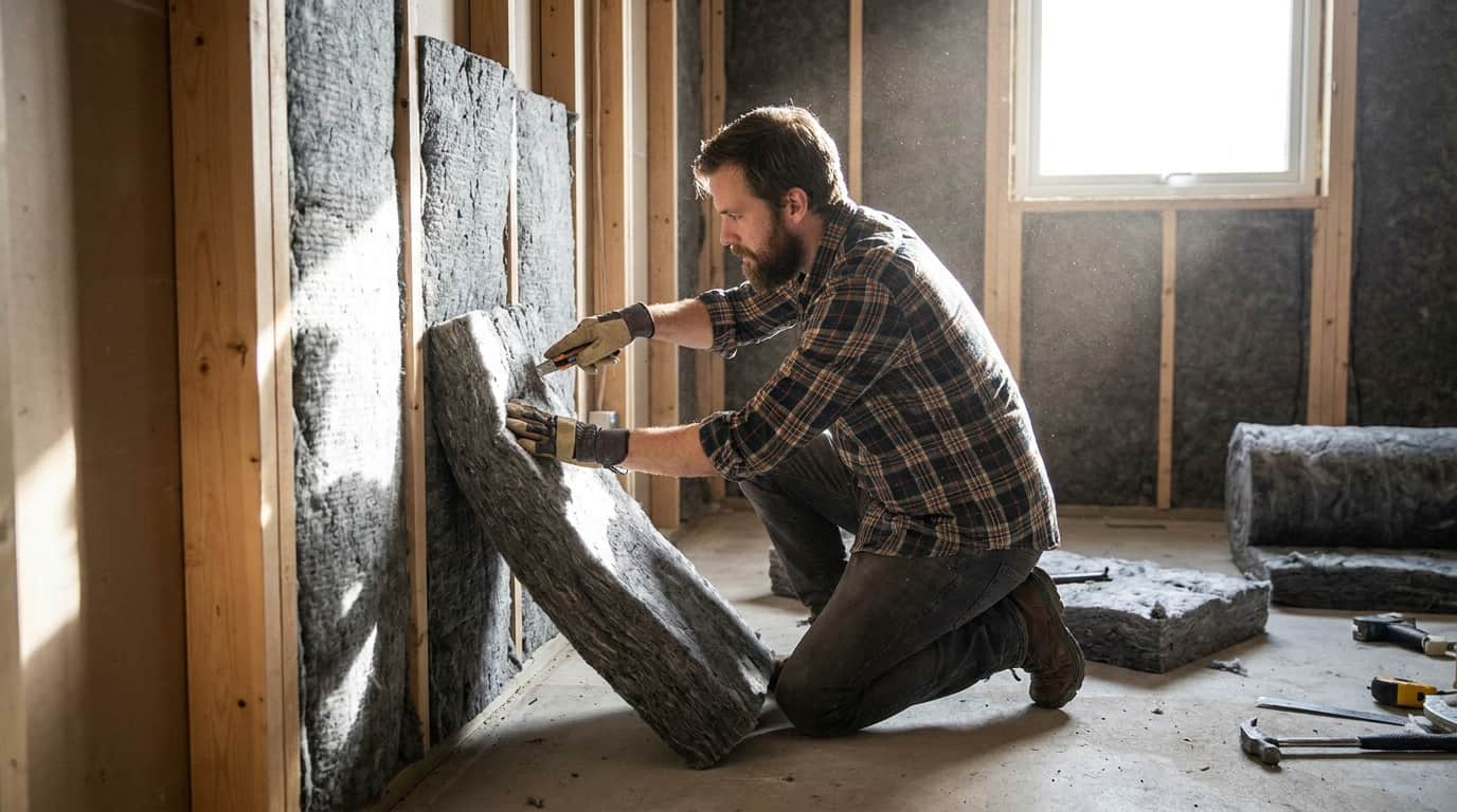 Homme en chemise accroupi, plaçant de l’isolant phonique sur le mur.