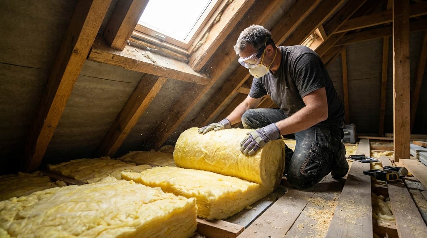 Homme isolant le grenier avec des gants et des lunettes de protection