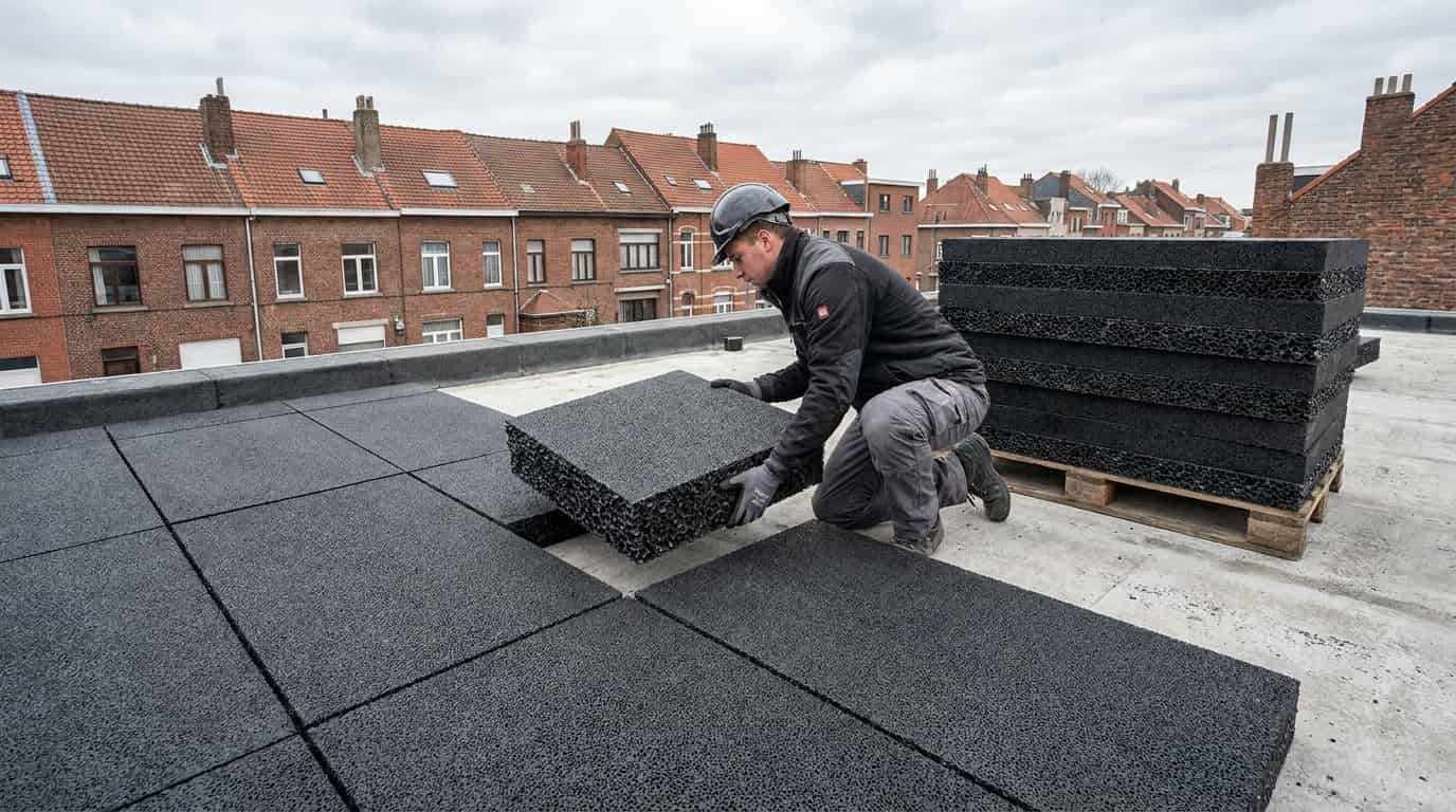 Homme en noir qui place des panneau d'isolant en verre cellulaire.