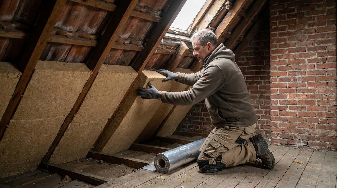 Homme en pull plaçant de la laine de bois dans le grenier 