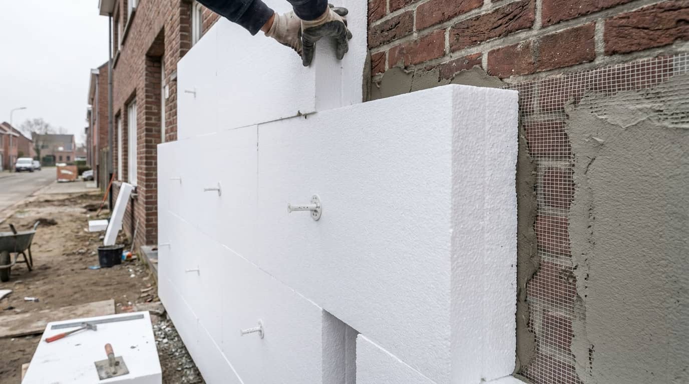 Homme en train de mettre du polystyrène sur la façade d'une maison.