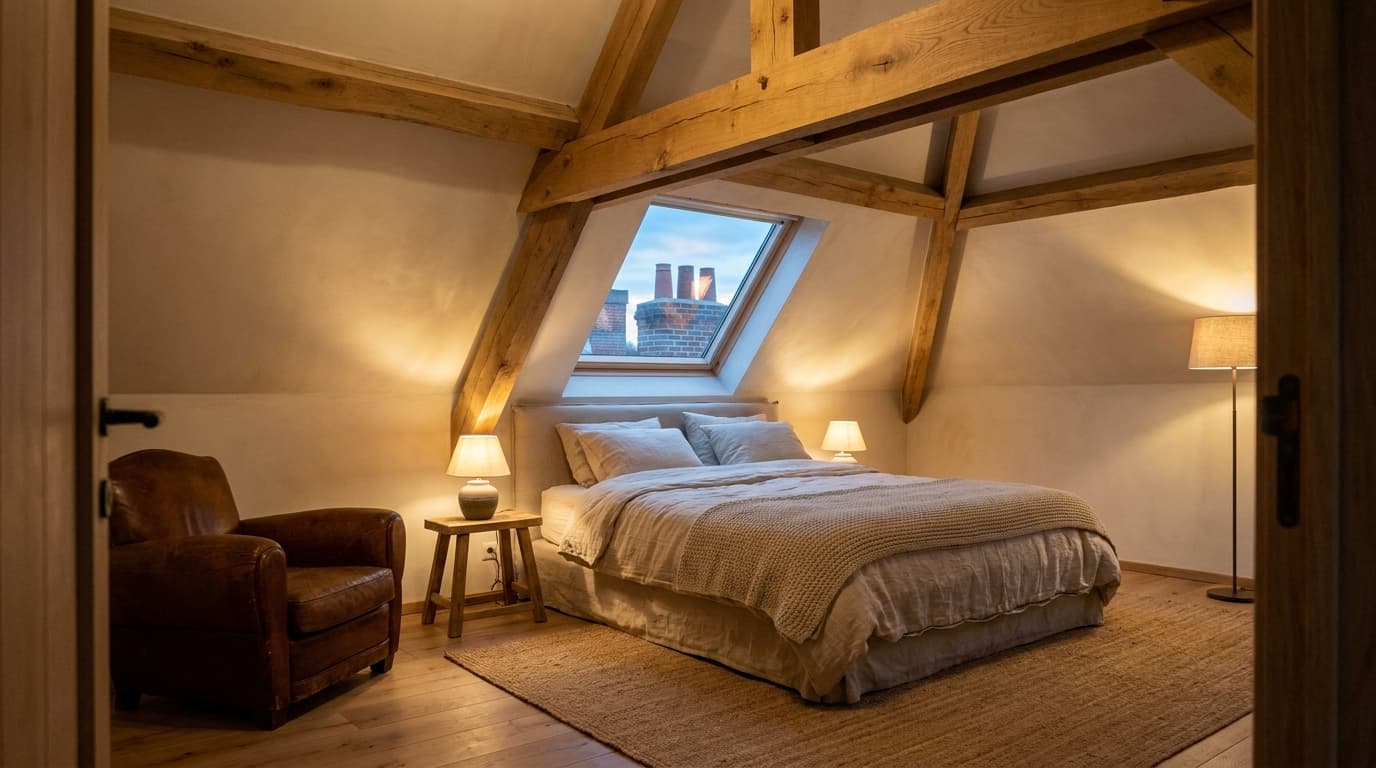 Belle chambre avec poutre visible dans les combles