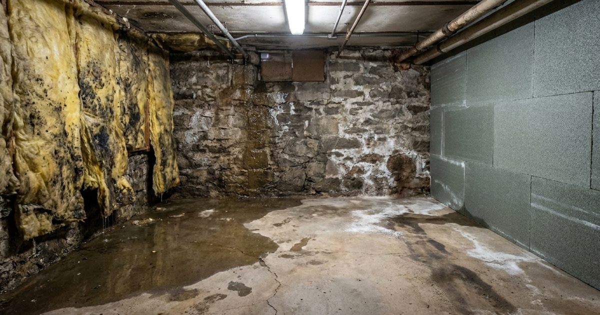 Intérieur d'une cave humide montrant d'un côté une laine de verre gorgée d'eau et moisie qui se décolle du mur, et de l'autre des panneaux de verre cellulaire gris-vert parfaitement intacts sur le même type de mur humide.