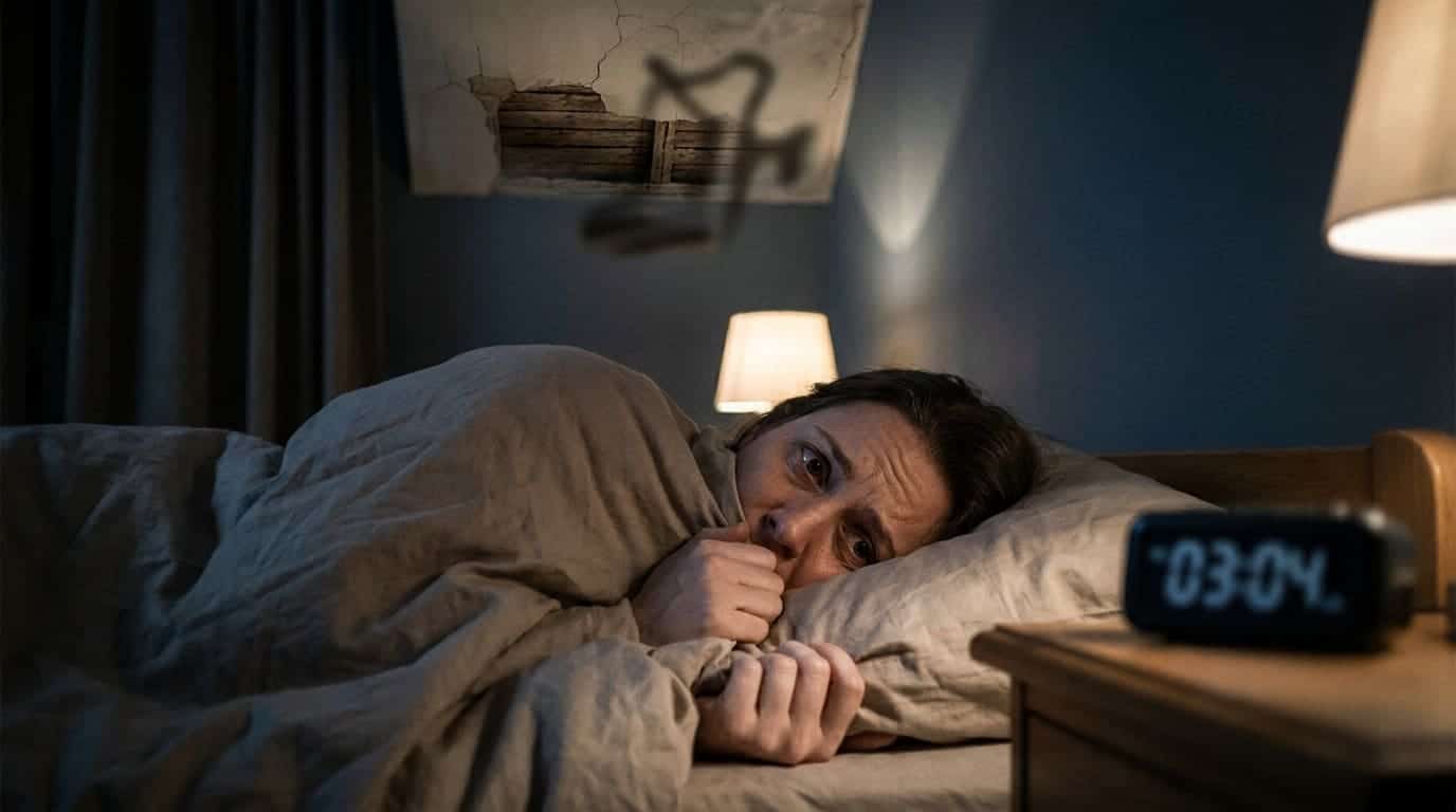 Femme dans ses draps qui a peur. 