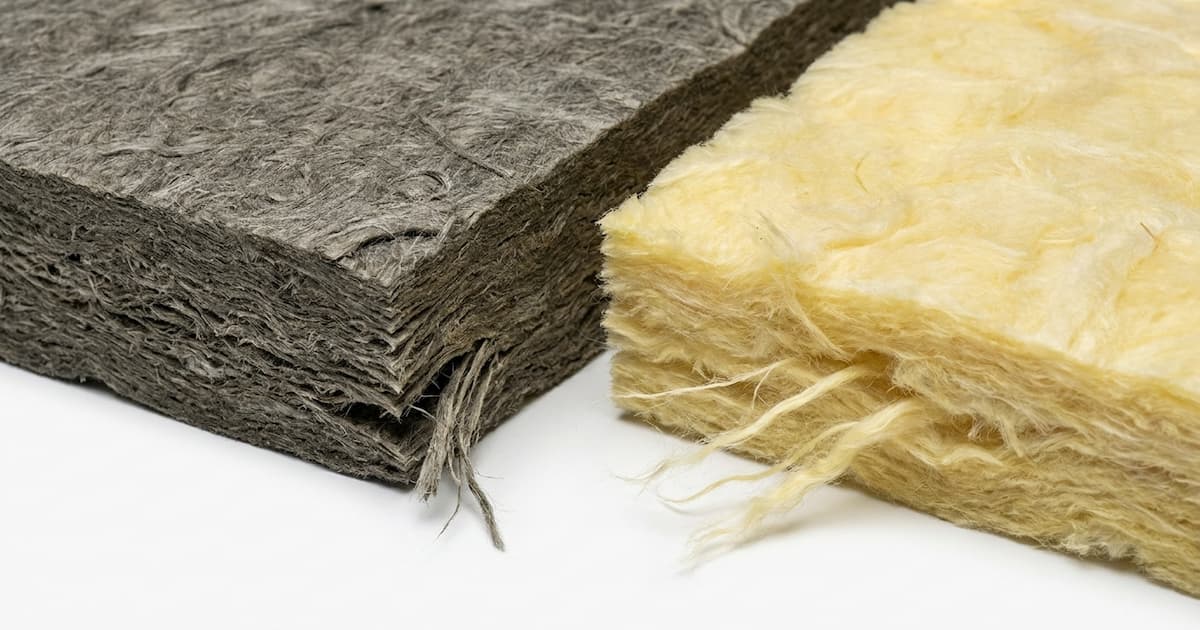 Gros plan sur deux échantillons de laine minérale côte à côte montrant la laine de roche dense gris foncé à gauche et la laine de verre jaune plus légère à droite avec leurs textures fibreuses et différences de densité clairement visibles