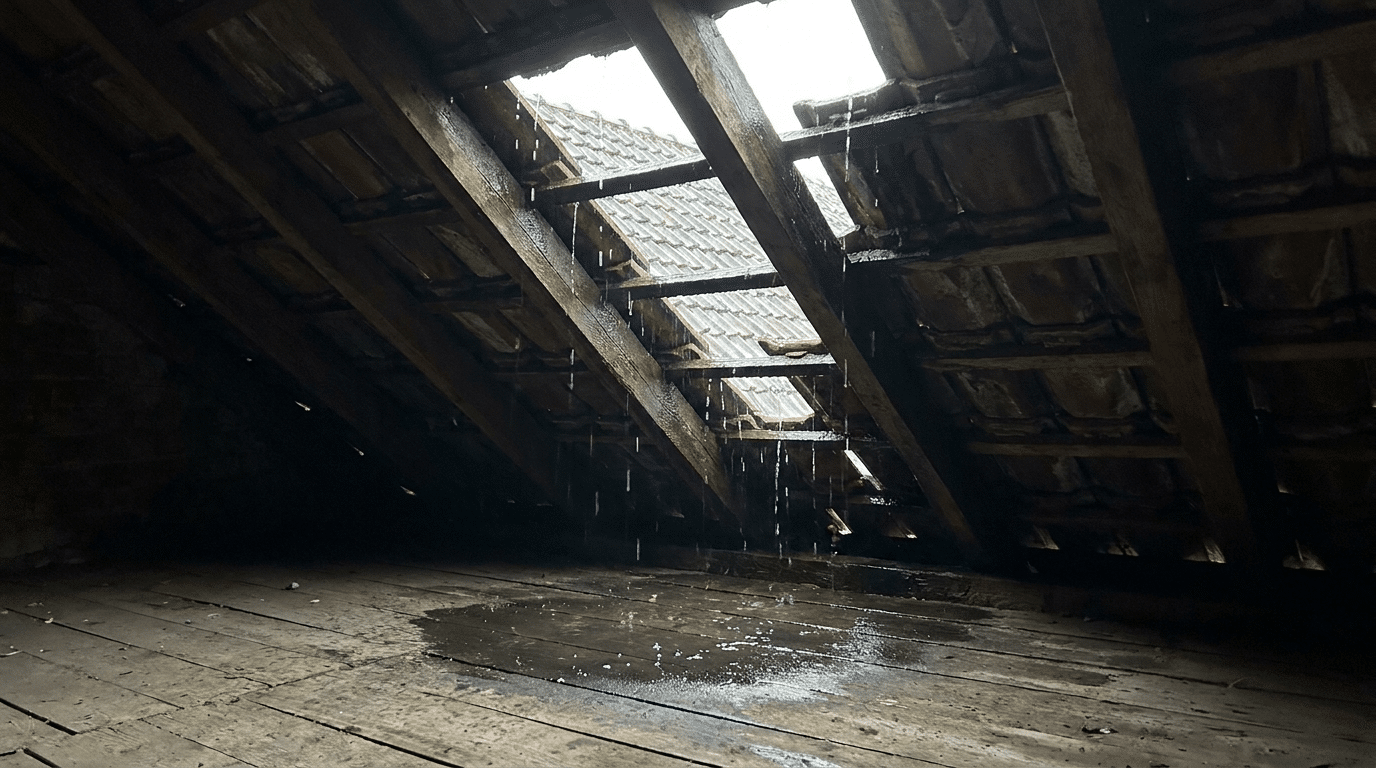Infiltration d'eau dans les combles suite à une averse. 