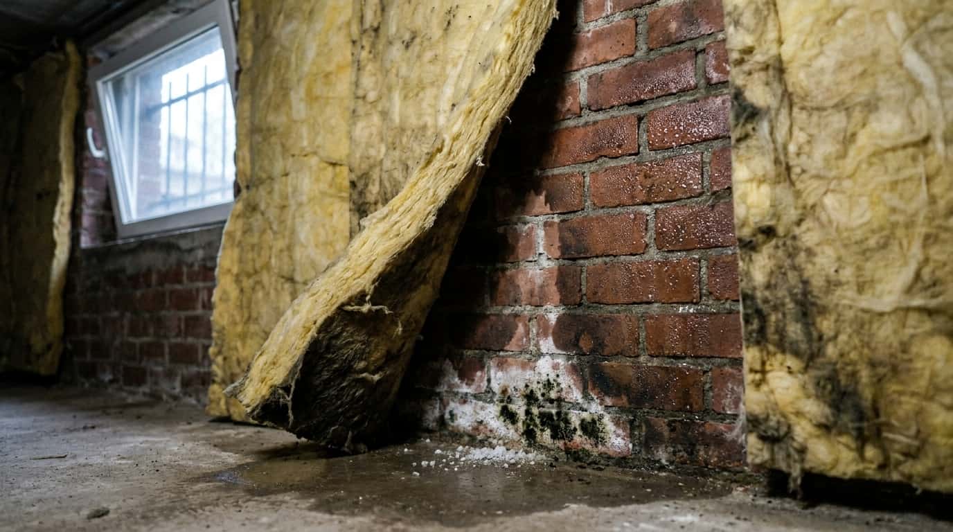 Mur humide avec isolant en laine de verre.