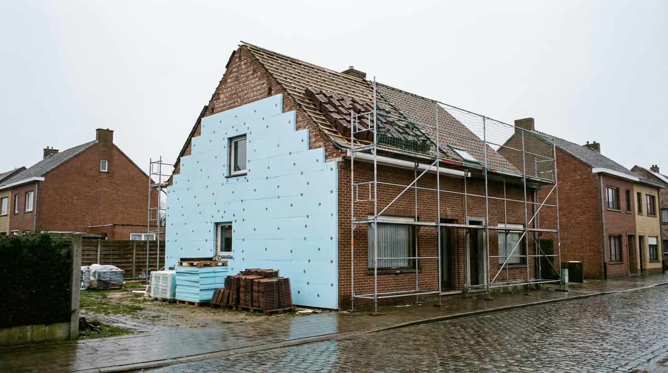 Maison belge en cours de rénovation énergétique avec des panneaux isolants bleus fixés sur le pignon et une toiture partiellement ouverte montrant la charpente, des palettes de matériaux rangées au pied du bâtiment