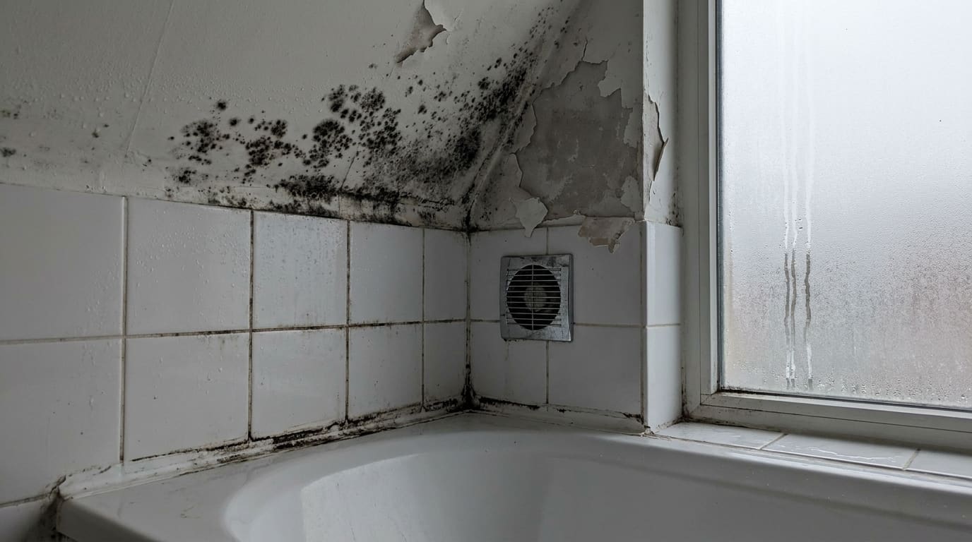 Moisissures noires envahissant le plafond et le haut des carreaux dans une salle de bain humide avec de la condensation sur la vitre et du joint de silicone noirci le long de la baignoire
