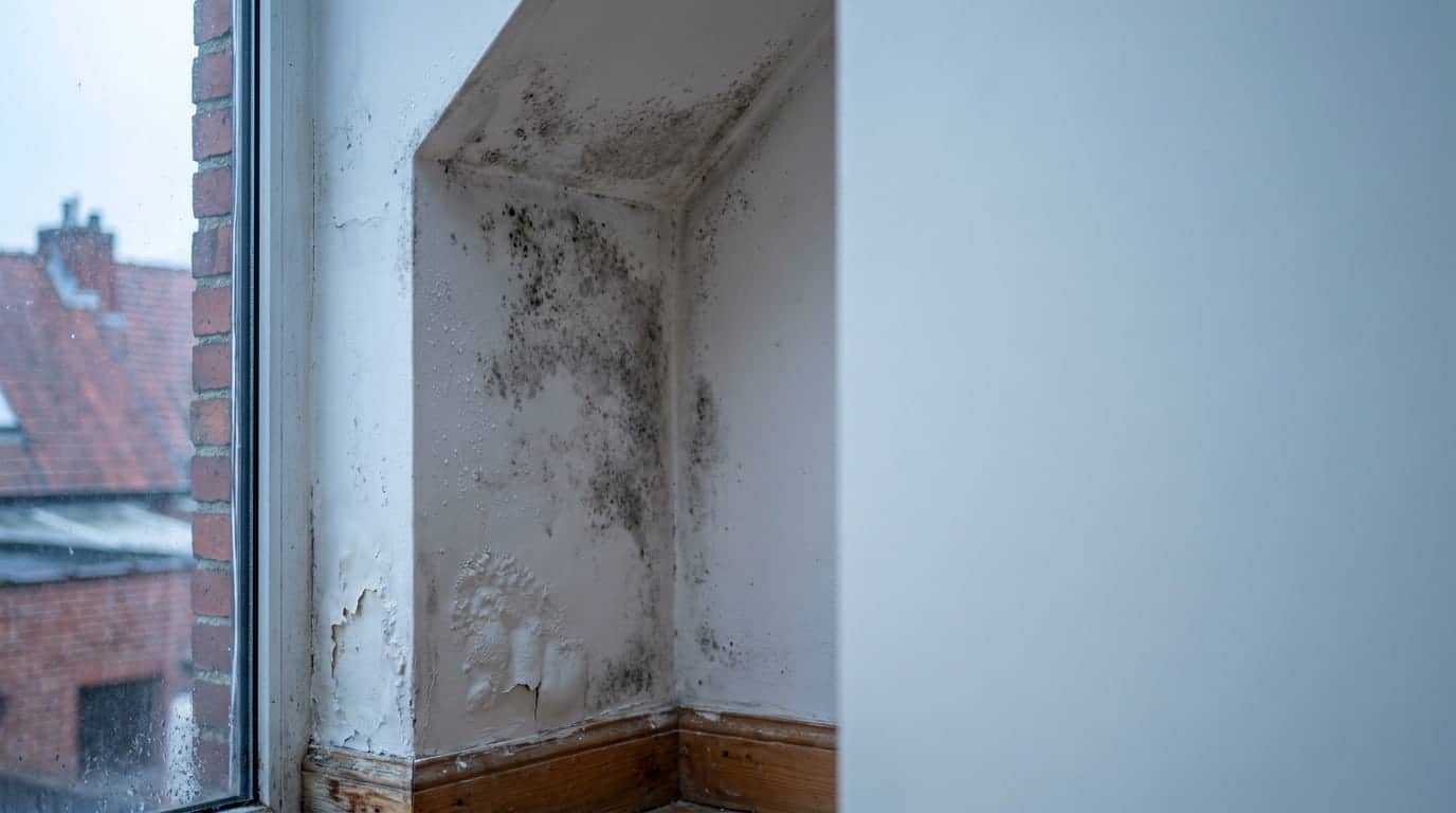 Mur intérieur blanc avec une cloque d'humidité.
