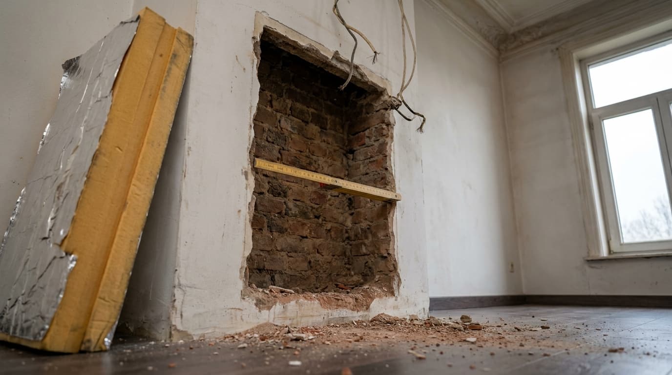 Cavité étroite ouverte dans un mur intérieur révélant la maçonnerie en briques, un mètre pliant jaune posé en travers pour mesurer la profondeur disponible tandis qu'un panneau isolant rigide à facing aluminium appuyé contre le mur montre un contraste évident avec l'espace limité