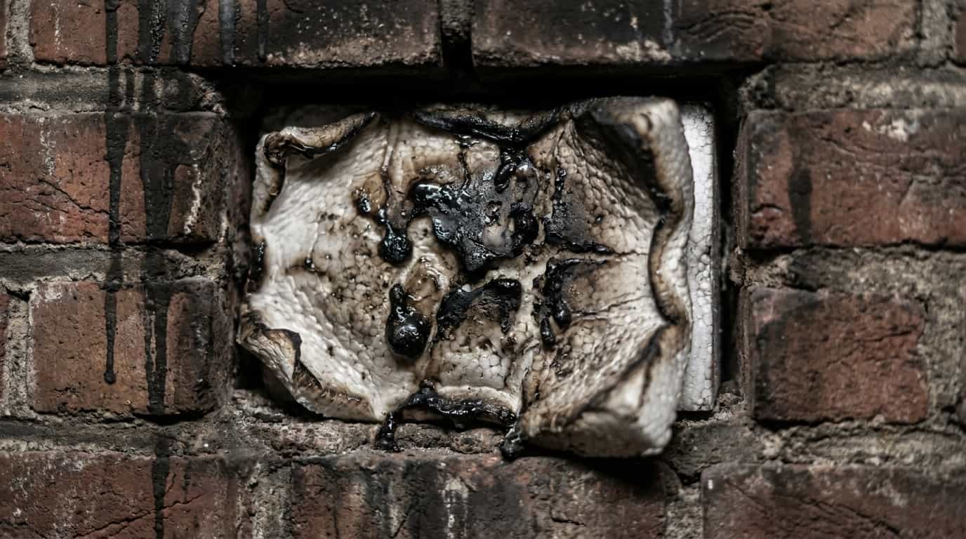 Polystyrène expansé fondu et déformé dans une cavité de mur en briques, la masse isolante rétractée et noircie illustrant la sensibilité au feu de ce matériau