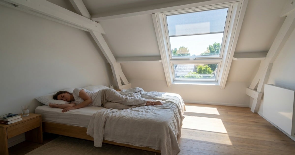 Un propriétaire dort paisiblement dans une chambre sous combles aménagés aux poutres blanches tandis que la fenêtre de toit montre un grand soleil d'été dehors, aucune climatisation visible confirmant l'efficacité de l'isolation