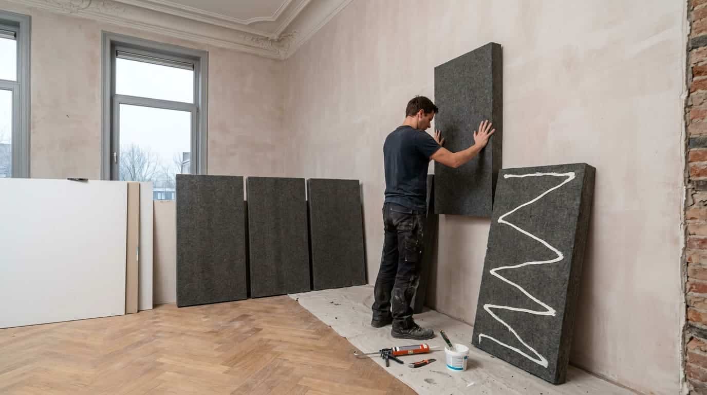 Un artisan presse un épais panneau de laine de roche acoustique gris foncé contre un mur dans un appartement belge tandis que trois panneaux sont déjà collés à côté et que des plaques de plâtre phoniques attendent au sol pour la finition