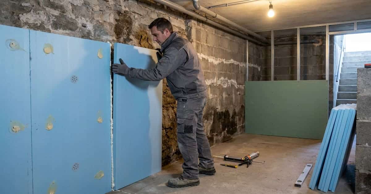 Un artisan presse un panneau isolant XPS bleu contre un mur de fondation humide dans une cave belge tandis que des panneaux déjà fixés et une ossature métallique avec plaque hydrofuge montrent les étapes de la finition