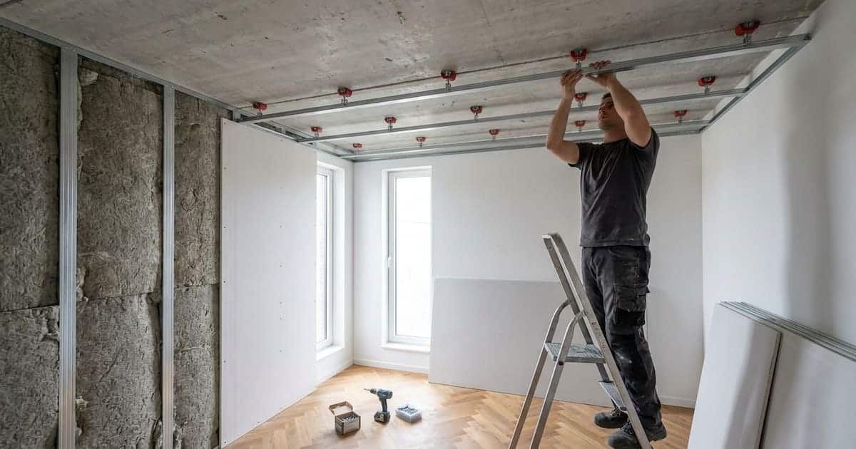 Un artisan sur un escabeau fixe un rail métallique sur une suspente anti-vibratile rouge au plafond en béton d'un appartement belge, montrant la progression du montage avec la laine de roche posée entre les rails et une plaque de plâtre déjà vissée sur la section terminée