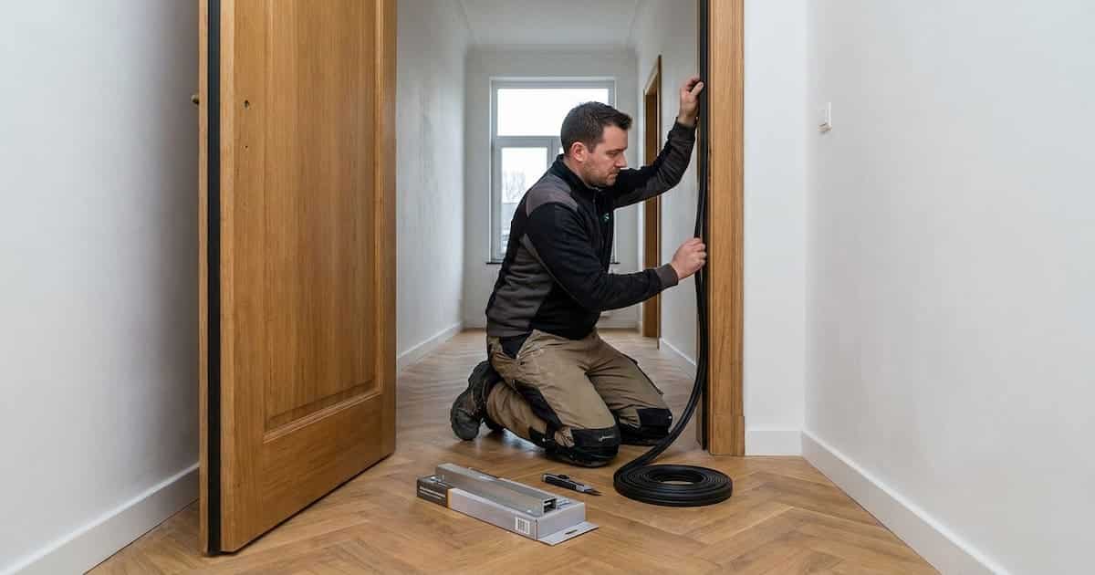 Un artisan pose un joint acoustique noir sur le cadre d'une porte pleine massive en chêne dans un couloir d'appartement belge tandis que l'ancienne porte creuse retirée est appuyée contre le mur opposé montrant son profil mince et creux