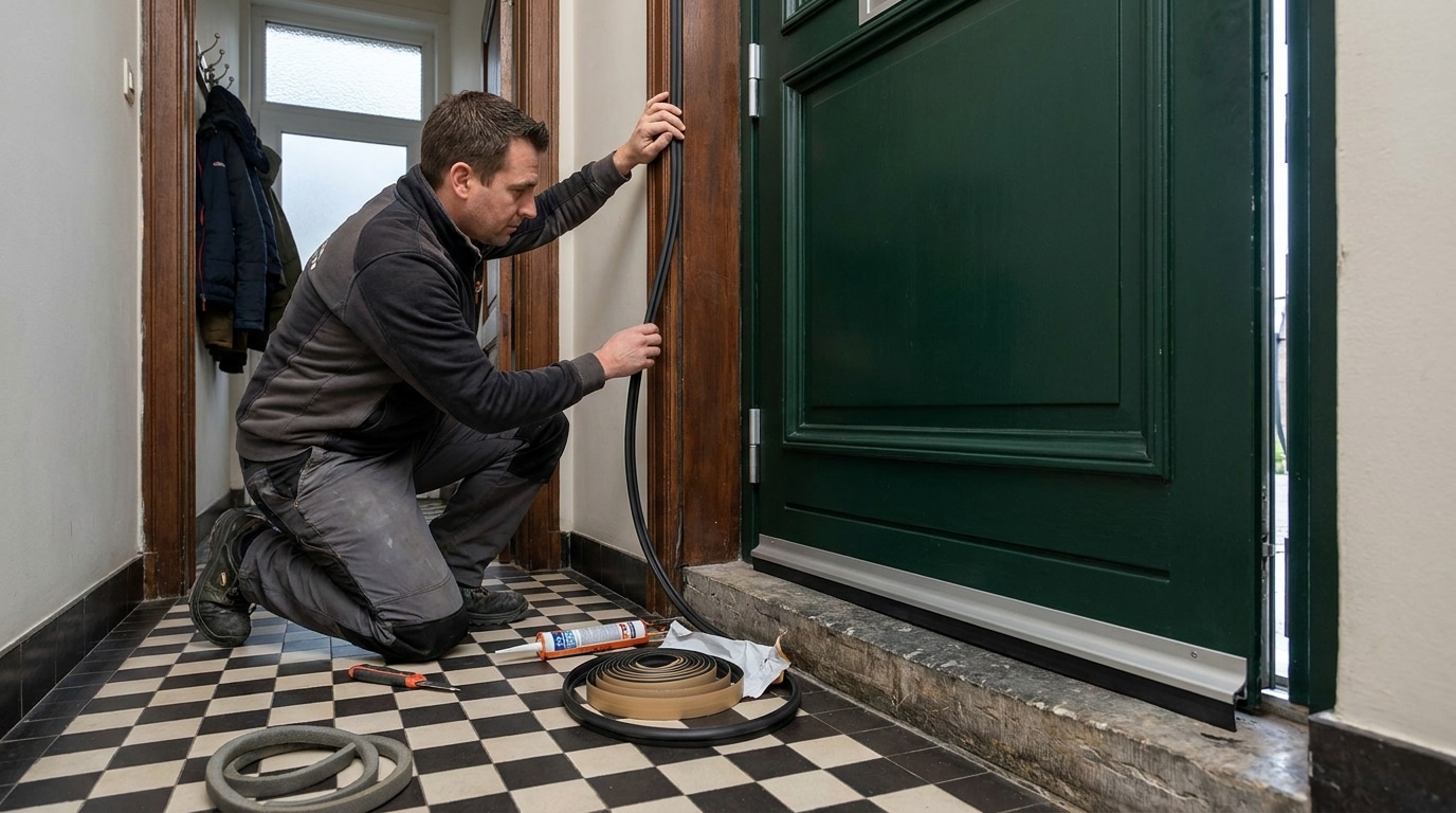 Un artisan à genoux pose un joint en caoutchouc noir sur le cadre d'une porte d'entrée en bois dans un couloir belge tandis qu'un bas de porte automatique en aluminium est déjà installé et que l'ancien joint usé retiré repose au sol