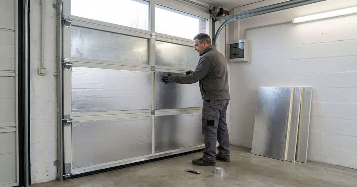 Un artisan insère un panneau isolant à facing aluminium dans le cadre intérieur d'une porte de garage sectionnelle dont les sections inférieures sont déjà isolées tandis qu'un joint de compression neuf longe le bord vertical de la porte
