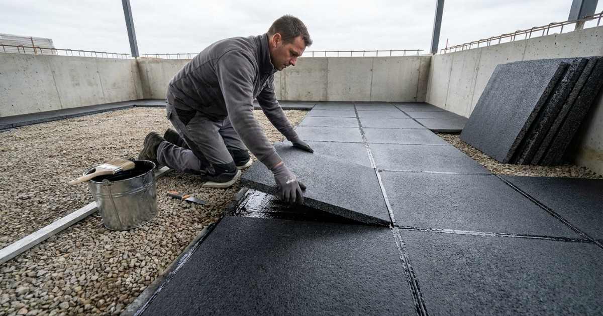Un artisan à genoux pose un panneau de verre cellulaire noir sur une couche de bitume chaud au sol d'une construction belge, une grille de panneaux identiques déjà alignés couvrant la surface préparée sur lit de gravier
