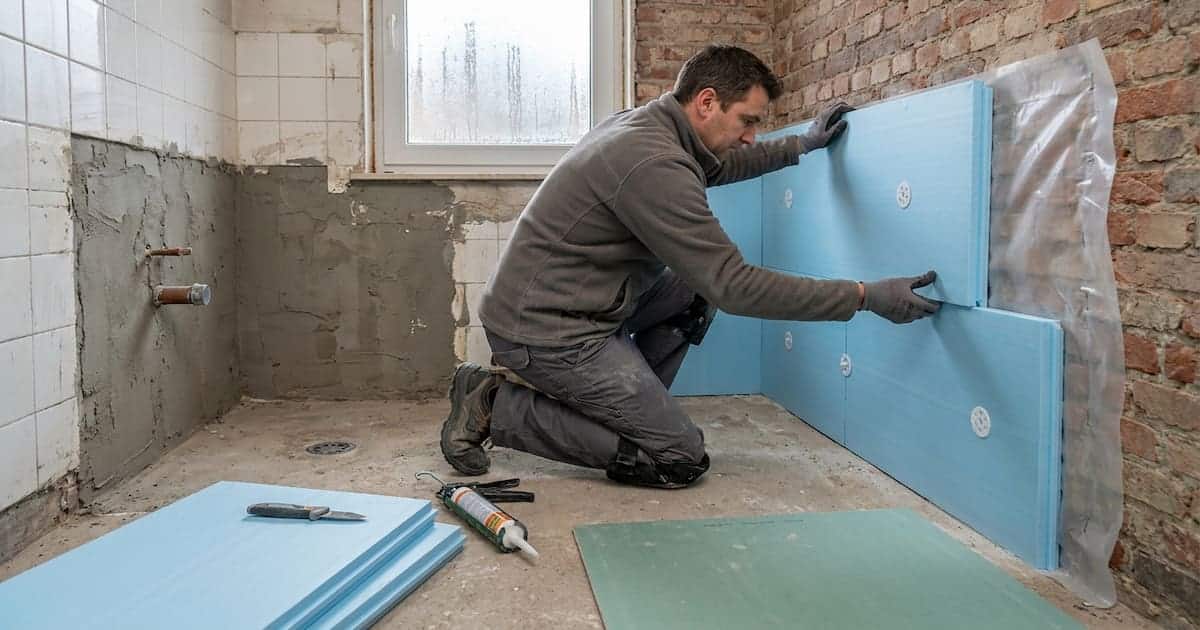 n artisan à genoux presse un panneau isolant XPS bleu contre un mur en briques dans une salle de bain en rénovation, un pare-vapeur transparent visible derrière les panneaux déjà fixés tandis qu'une plaque hydrofuge verte et un pistolet à colle attendent au sol
