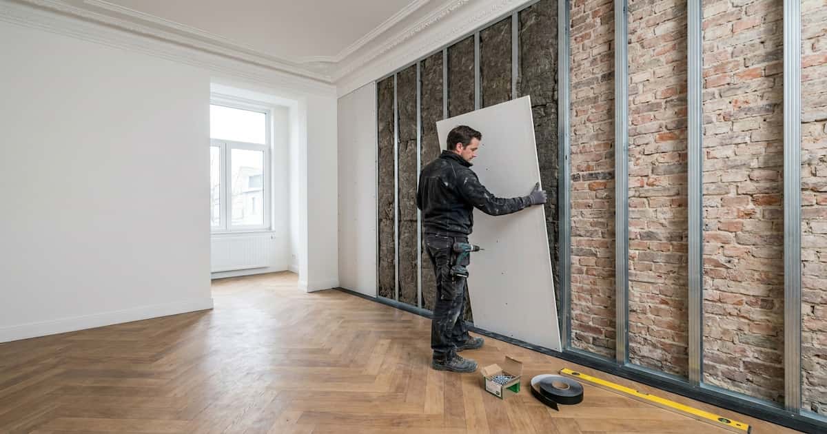 Un artisan positionne une plaque de plâtre phonique contre une ossature métallique désolidarisée montée devant un mur mitoyen en briques, la progression visible de droite à gauche montrant le mur nu puis les montants puis la laine de roche dense puis la finition