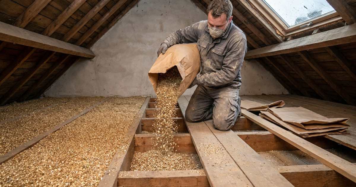 Un artisan à genoux sur une planche dans des combles verse de la vermiculite dorée entre les solives d'un plancher en bois, les granulés scintillants remplissant uniformément les cavités tandis que les travées adjacentes sont encore vides