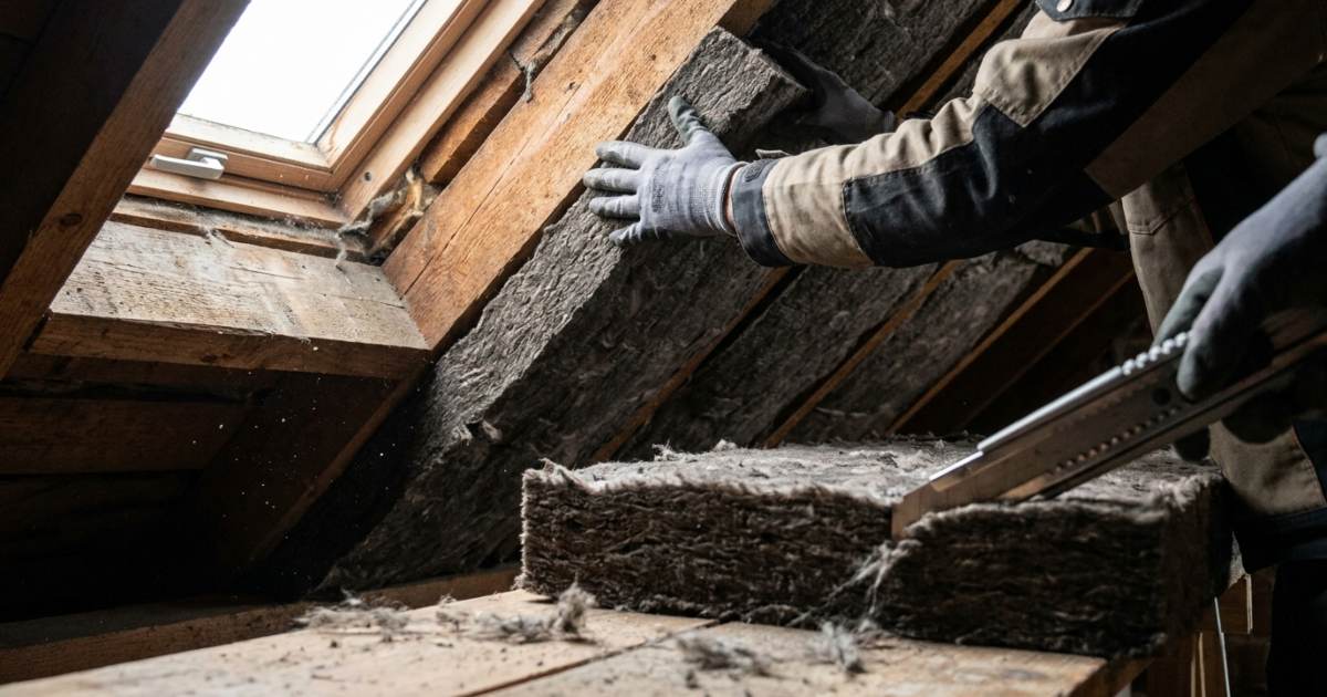 Gros plan sur la découpe d'un panneau de laine de roche gris montrant la densité et la structure compacte des fibres minérales en coupe transversale.