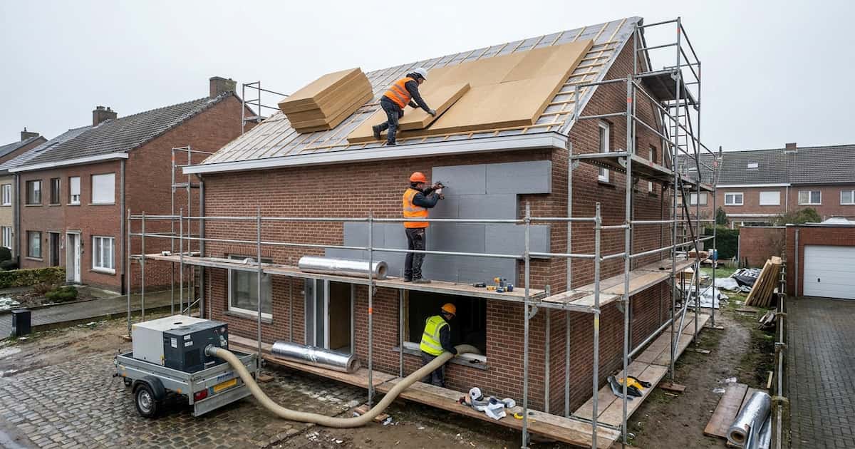 Trois ouvriers en gilet orange posent des panneaux isolants sur le toit et la façade en brique d'une maison sous échafaudage, avec une machine de soufflage sur remorque devant.
