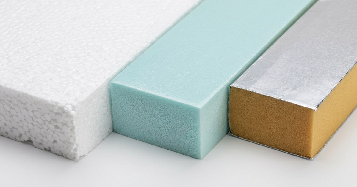 Trois échantillons d'isolants synthétiques côte à côte montrant le polystyrène expansé blanc à billes à gauche, le polystyrène extrudé bleu-vert à cellules fermées au centre et le polyuréthane jaune-ambre à facing aluminium à droite