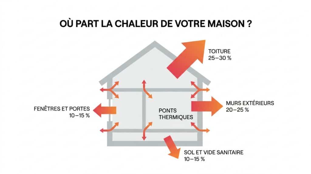 Une infographie schématique d'une maison en coupe avec des flèches orange proportionnelles indiquant les déperditions de chaleur par zone, de la toiture à 25–30 % jusqu'aux ponts thermiques aux jonctions.