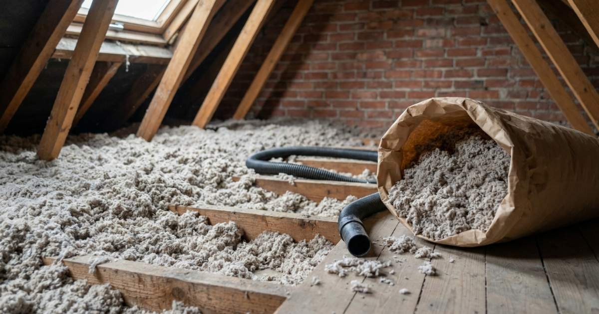 Soufflage de ouate de cellulose dans les combles perdus par un professionnel en isolation.
