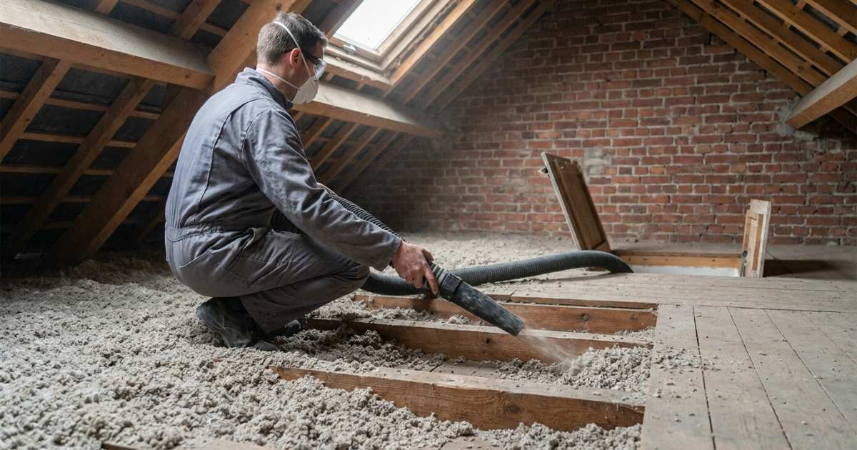 Soufflage de ouate de cellulose dans les combles perdus par un professionnel en isolation.