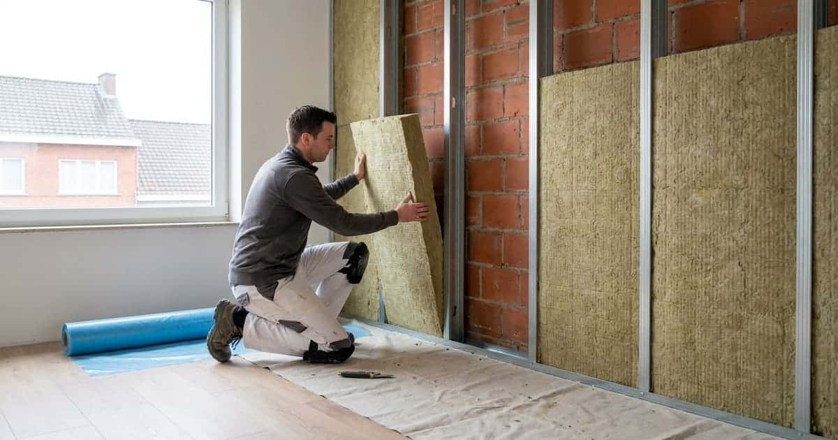 Un artisan à genoux place des panneaux de laine minérale contre un mur intérieur en brique, entre des montants métalliques.