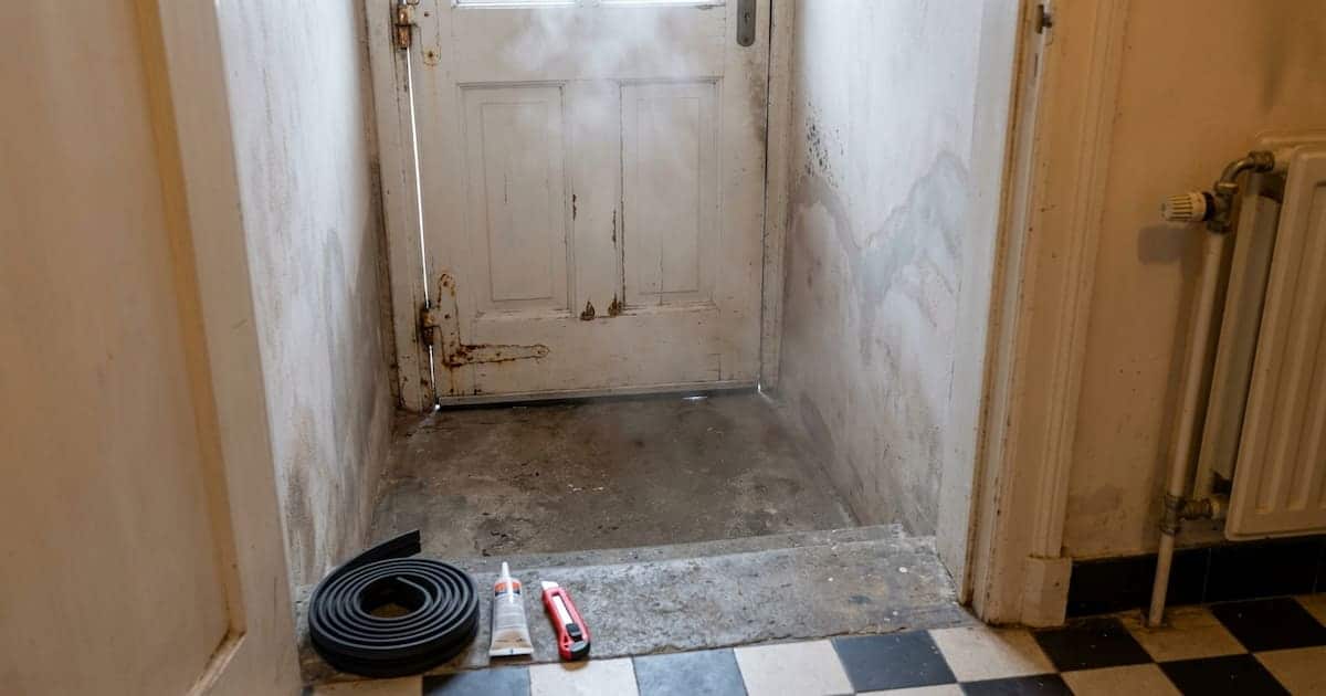 Vue plongeante sur une vieille porte de cave en bois au bas d'un escalier étroit montrant un jour visible sous le vantail et de la condensation autour du cadre tandis qu'un rouleau de joint EPDM et du matériel de pose attendent sur la marche du haut