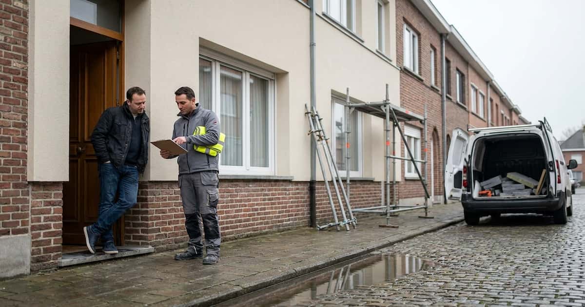 Un artisan tenant un porte-documents discute avec un propriétaire devant une maison au crépi neuf, à côté d'un échafaudage et d'une camionnette.