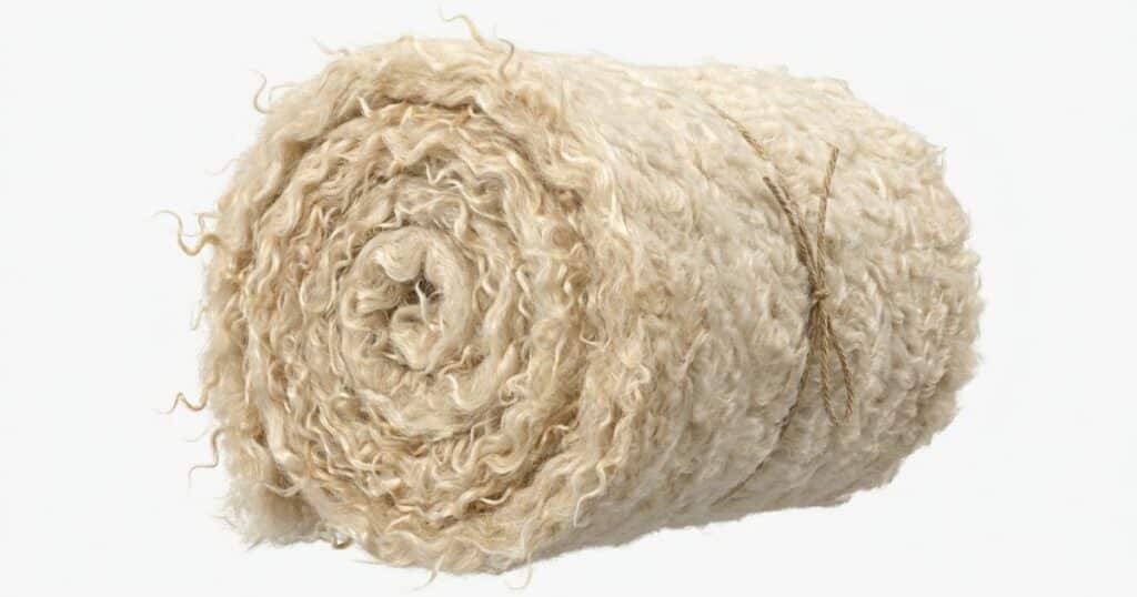 Rouleau de laine de mouton isolante aux fibres bouclées crème naturelles maintenu par une ficelle en jute sur fond blanc