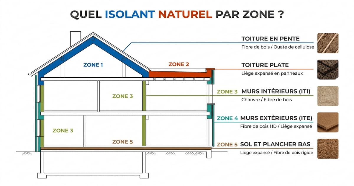 Infographie en coupe d'une maison identifiant l'isolant naturel adapté à chaque zone, de la toiture au sol