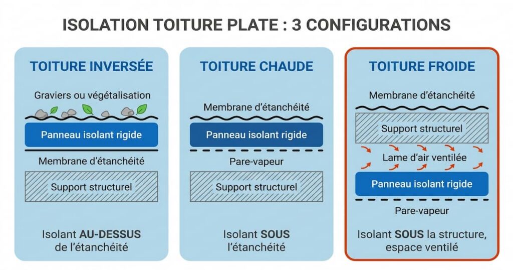 Schémas de 3 configurations en toiture plate