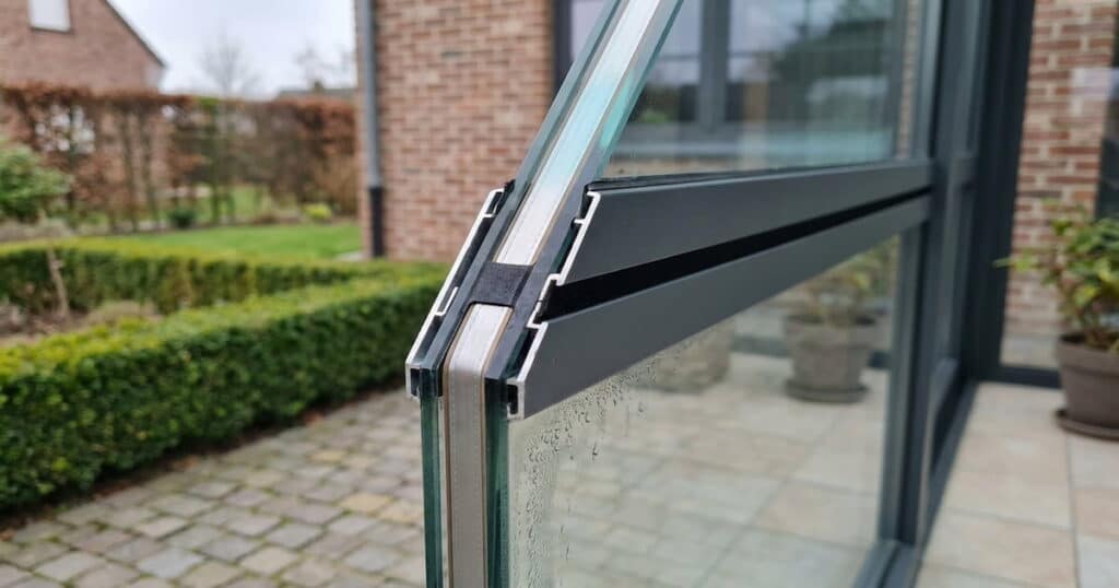 Gros plan sur le bord d'un vitrage isolant double installé dans une véranda montrant les deux vitres séparées par un espaceur métallique et le profilé aluminium anthracite avec sa rupture de pont thermique visible